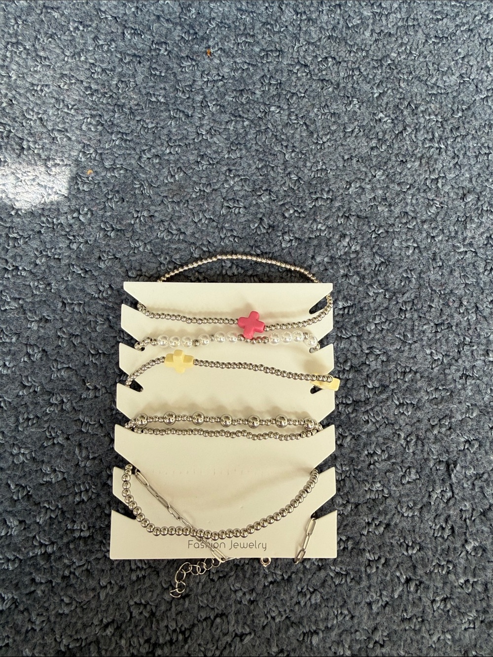 Fashion Jewelry Silver Multi-Layer Bracelet Set with Pink and Yellow Charms